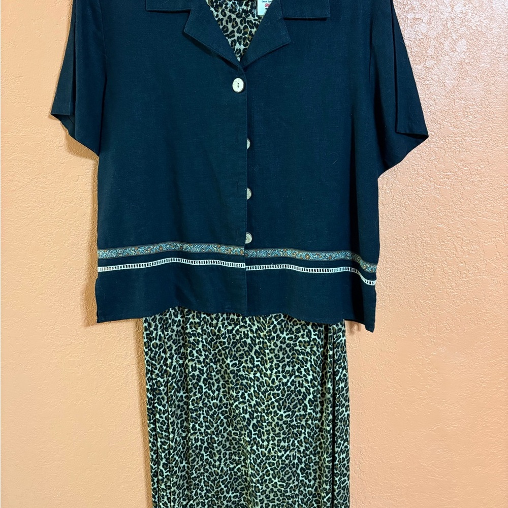 Navy Blouse and Leopard Print Dress Set
